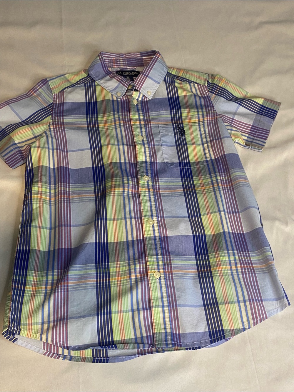 U.S. Polo Assn. Short Sleeve Plaid Button-Down Shirt - Blue, Purple, Yellow